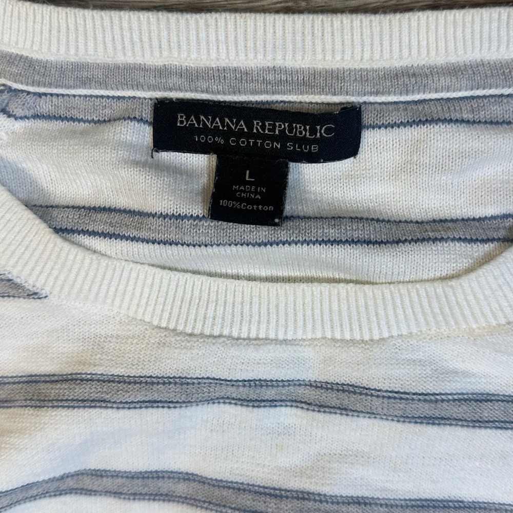 Banana Republic Mens White Grey Striped Cotton Slub Crewneck Sweater Large L - Picture 3 of 7